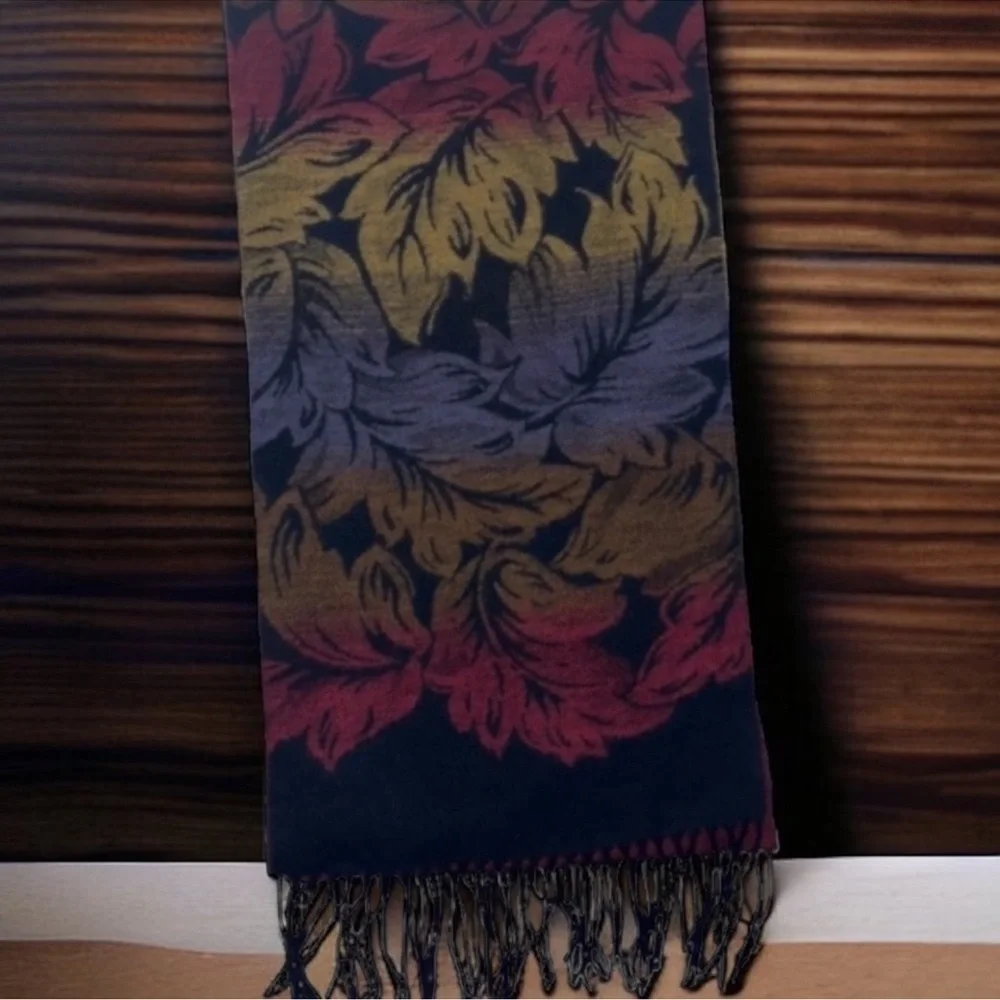 Scarf Boho Nice and Soft Leaf Print with Fringe in Beautiful Fall Colors OS